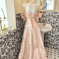 Light Pink Off-the-Shoulder Cinched Waist Figure-Flattering Printed Long Romantic Dress, Wedding Gown gh7810