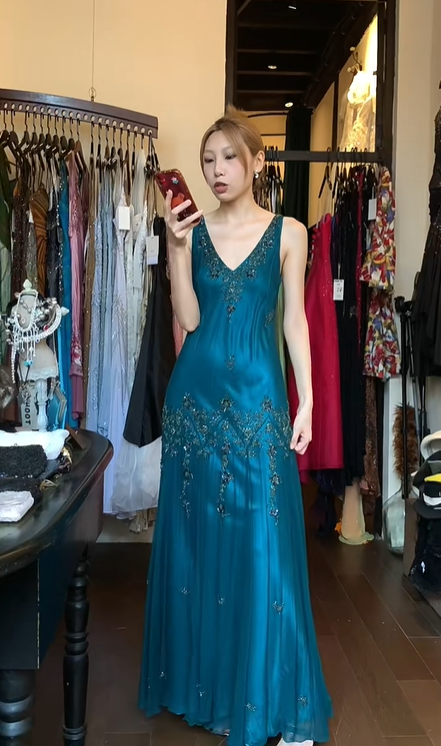 Teal V Neck Beaded Prom Dress Sleeveless Pleated Chiffon Long Formal Evening Gown gh9843