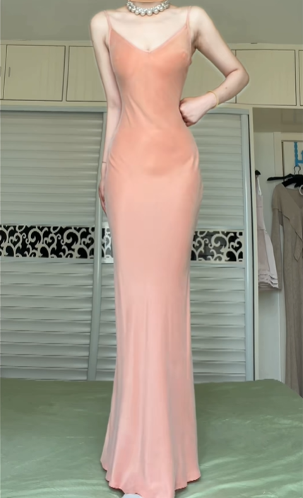 Peach Pink V‑Neck Spaghetti Strap Long Evening Gown, Fitted Mermaid Maxi Dress, Stretchy Soft Fabric Formal Dress gh8940