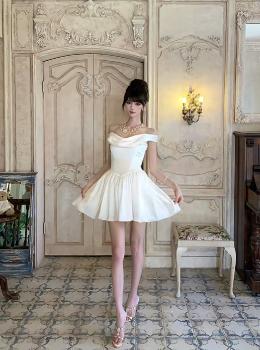 White Satin Off The Shoulder Short Homecoming Dress Draped Neck Mini Prom Gown gh9404