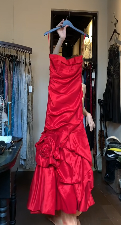 Red Satin Ruched Long Prom Dress with 3D Big Rose, Off Shoulder Formal Evening Gown gh9834