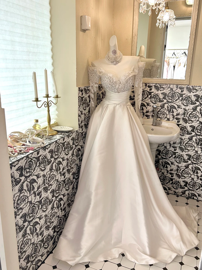 Ivory Long Sleeve Sheer Rhinestone Cinched Waist Full Flared Skirt Long Premium Vintage Romantic Dress, Wedding Gown gh7788