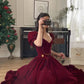 Burgunderrotes Samtkleid mit V-Ausschnitt, kurzen Puffärmeln, Perlenbesetzt, A-Linie, bodenlang, Ballkleid, Abendkleid, Weihnachtspartykleid gh3042