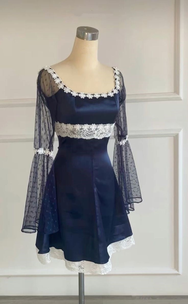 Marineblau Vintage Spitze Süße Kurze Satin 8. Klasse Homecoming Kleid Partykleid gh4893