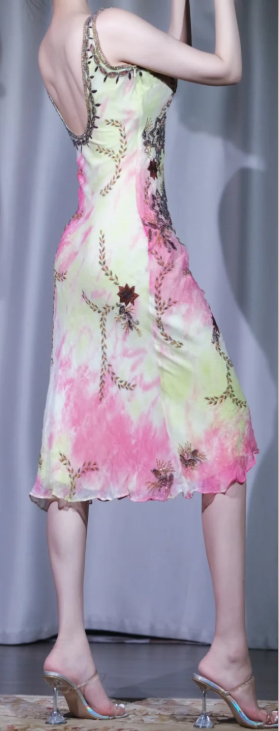 ✨Girlhomeshops-Ombre Floral Beaded Spaghetti Strap Midi Party Dress gh10027