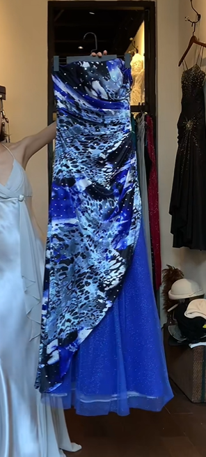 Blue Black Abstract Print Strapless Evening Gown Irregular Draped Overlay Sparkle Tulle Long Prom Dress gh9726