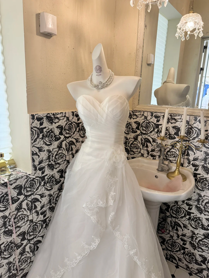 White Strapless Cinched Waist A-Line Skirt Long Romantic Dress, Wedding Gown gh7802