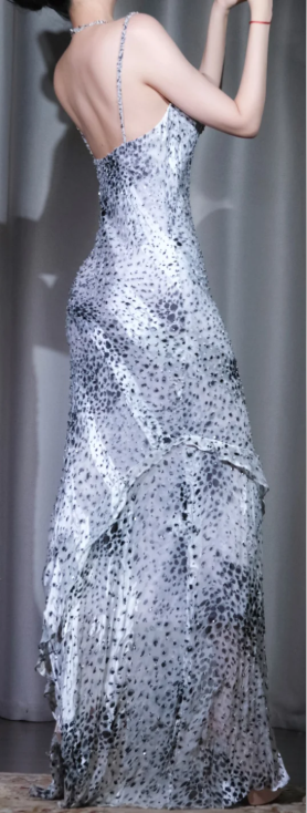 ✨Girlhomeshops-Double Strap Cowl Neck Mermaid Dress, Dalmatian Print Sparkly Long Evening Gown gh9933