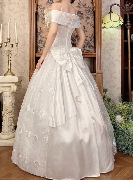 Off‑White Vintage Spaghetti Strap Off‑the‑Shoulder Fitted Waist Lace Voluminous Skirt Long Prom Gown, Wedding Dress gh8595