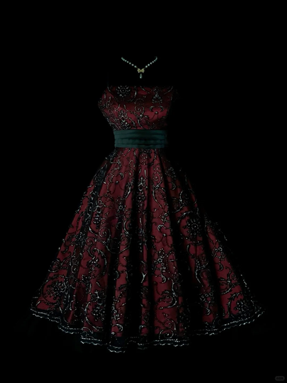 Burgundy Spaghetti Strap Short Cocktail Gown, Silver Scroll Floral Embroidery, Black Pleated Wide Sash, Swing Midi Skirt, Party Prom Dress gh8916