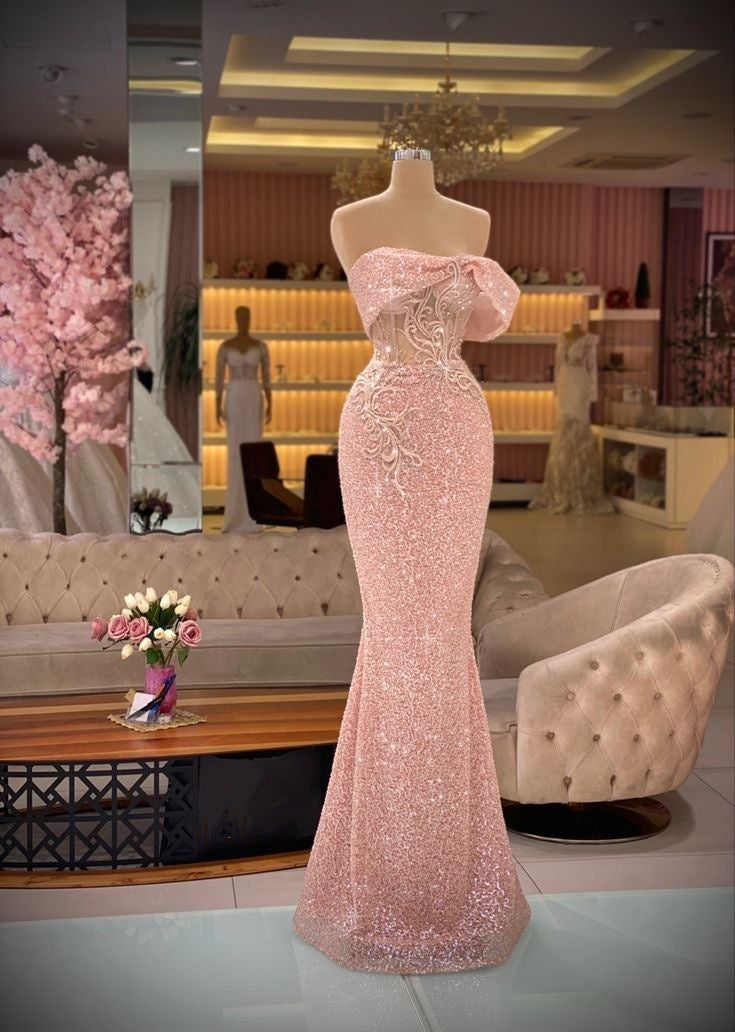 Rosa Glitzer Exquisite Perlen Elegante Lange Pailletten Meerjungfrau Slim Fit Ballkleid Abendkleid Partykleidgh3254