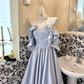 Light Blue Off-the-Shoulder Soft & Sexy Waist-Cinched Full Flared Skirt Long Romantic Dress, Wedding Gown gh7741