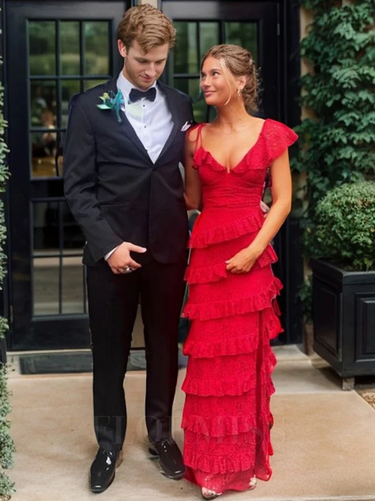 ✨Girlhomeshops-Sexy Sheath-Style Red Lace Ball Gown with Ruffles – Party Dress gh10166