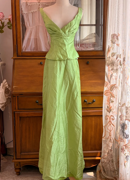 Sage Green Vintage Two-Piece Long Gown, Deep V Sleeveless Formal Dress gh9297