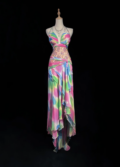 ✨Girlhomeshops-Rainbow Tie Dye Halter Beaded Chiffon Evening Gown gh10156