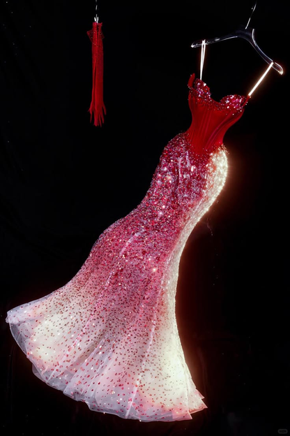 ✨Girlhomeshops-Red White Ombre Rhinestone Beaded Mermaid Prom Dress gh10173