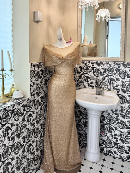 Gold Sequin Cape Collar Waist-Cinched Fitted Elegant Romantic Dress, Wedding Gown gh7526