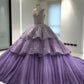Lila, wunderschön glänzend, elegant, A-Linie, lang, gestuftes Tüll-Ballkleid mit Rüschen, formelles Kleid, Abendkleid, Promi-Kleid, gh3145