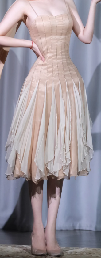 ✨Girlhomeshops-Nude Spaghetti Strap Sweetheart Chiffon Dress Boned Beaded Midi Ruffle Party Gown gh10056