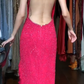Crisscross Halter Fuchsia Prom Dress Keyhole Cutout Allover Beaded Sequin Side Ruffle Formal Evening Gown gh9808