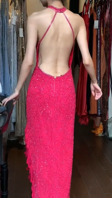 Crisscross Halter Fuchsia Prom Dress Keyhole Cutout Allover Beaded Sequin Side Ruffle Formal Evening Gown gh9808