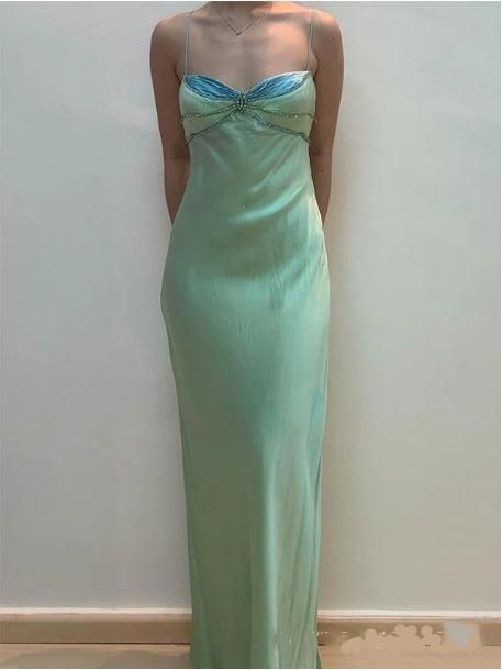 Grünes Vintage-Mode Perlen Spaghettiträger langes Satin formelles Ballkleid, Abendkleid, Partykleid gh3501