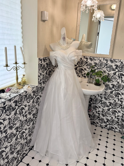 White Off-the-Shoulder Waist-Cinched Voluminous Skirt Long Romantic Dress, Wedding Gown gh7683