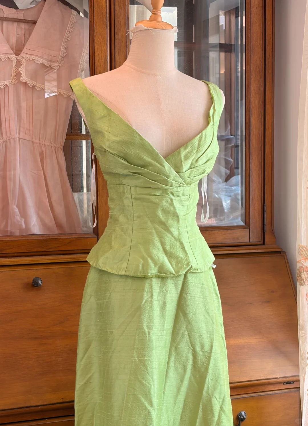 Sage Green Vintage Two-Piece Long Gown, Deep V Sleeveless Formal Dress gh9297