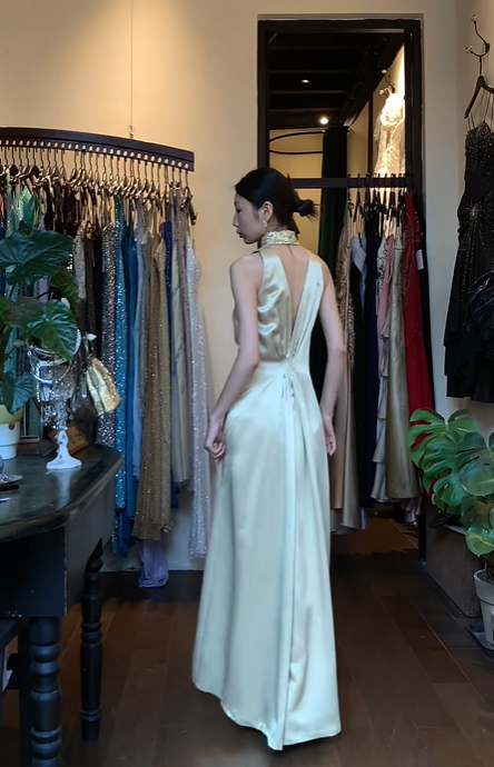 Light Gold Halter Long Formal Gown Beaded High Neck Satin Maxi Evening Dress gh9640