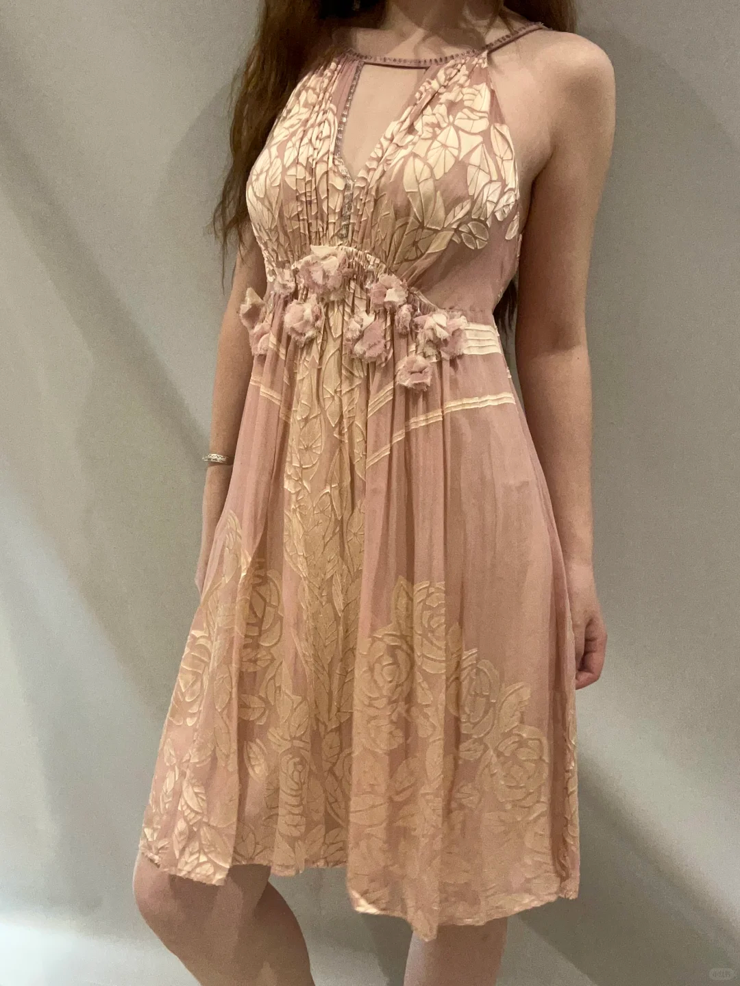 Nude Pink Luxury Leaf Print Spaghetti Strap Fitted Waist Prom & Evening Party Dress gh8456