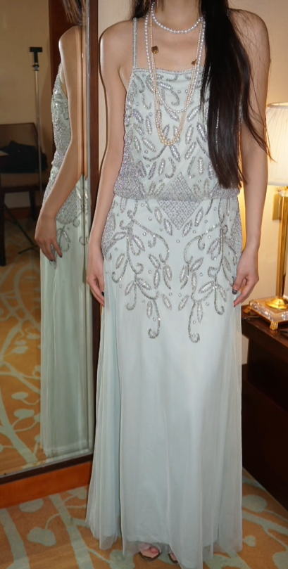 Light Green Vintage Beaded Spaghetti Strap Elegant Long Prom & Evening Party Dress gh8382