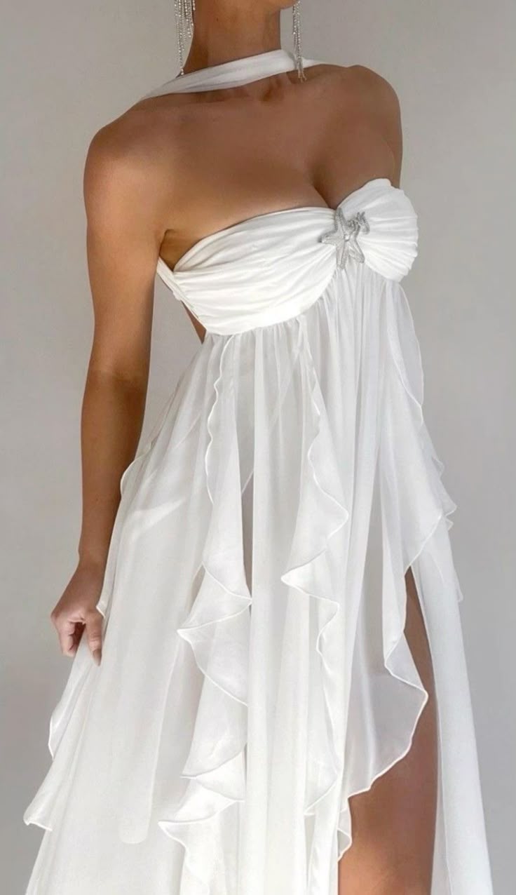 Weiß reine farbe jugendliche elegante süße lange chiffon rüschen unregelmäßigen rock meer strand urlaub party kleid abendkleid prom kleid gh3538