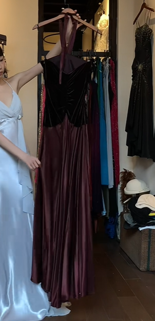 Burgundy Satin Black Velvet Halter Evening Gown Ruched Front Long Formal Prom Dress gh9738