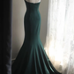Emerald Green Halter V‑Neck Satin Mermaid Evening Gown, Vintage Metal Brooch Fitted Long Formal Prom Dress gh9122