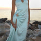 Robe de soirée élégante en satin bleu à bretelles longues et fente, robe de bal, robe de soirée, robe de bal, gh3768