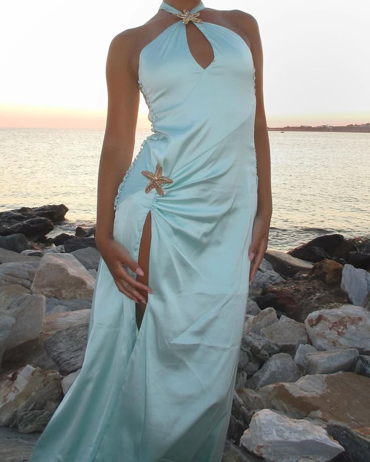 Robe de soirée élégante en satin bleu à bretelles longues et fente, robe de bal, robe de soirée, robe de bal, gh3768