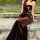 Dark Brown Velvet Gilt Bandeau Gown: Fitted Mermaid, Floral Decoration, Retro Evening Luxury Maxi Dress gh6605
