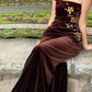 Dark Brown Velvet Gilt Bandeau Gown: Fitted Mermaid, Floral Decoration, Retro Evening Luxury Maxi Dress gh6605