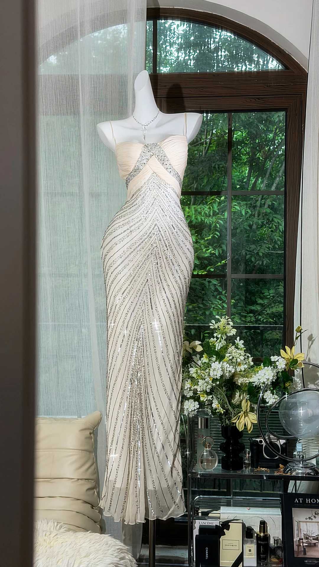 Nude Spaghetti Strap Silver Chevron Sequin Mermaid Evening Dress, Prom Formal Gown gh9510