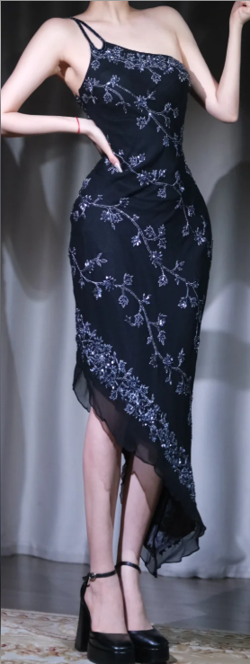 ✨Girlhomeshops-Black Beaded Floral Midi Gown One Shoulder Spaghetti Strap gh10128