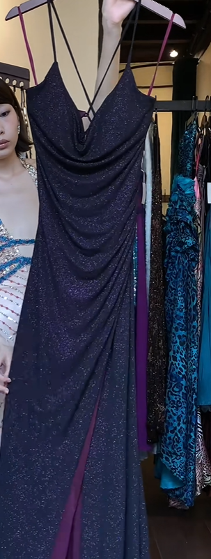 Dark Purple Glitter Evening Gown Cowl Neck Criss Cross Back High Slit Long Formal Prom Dress gh9733