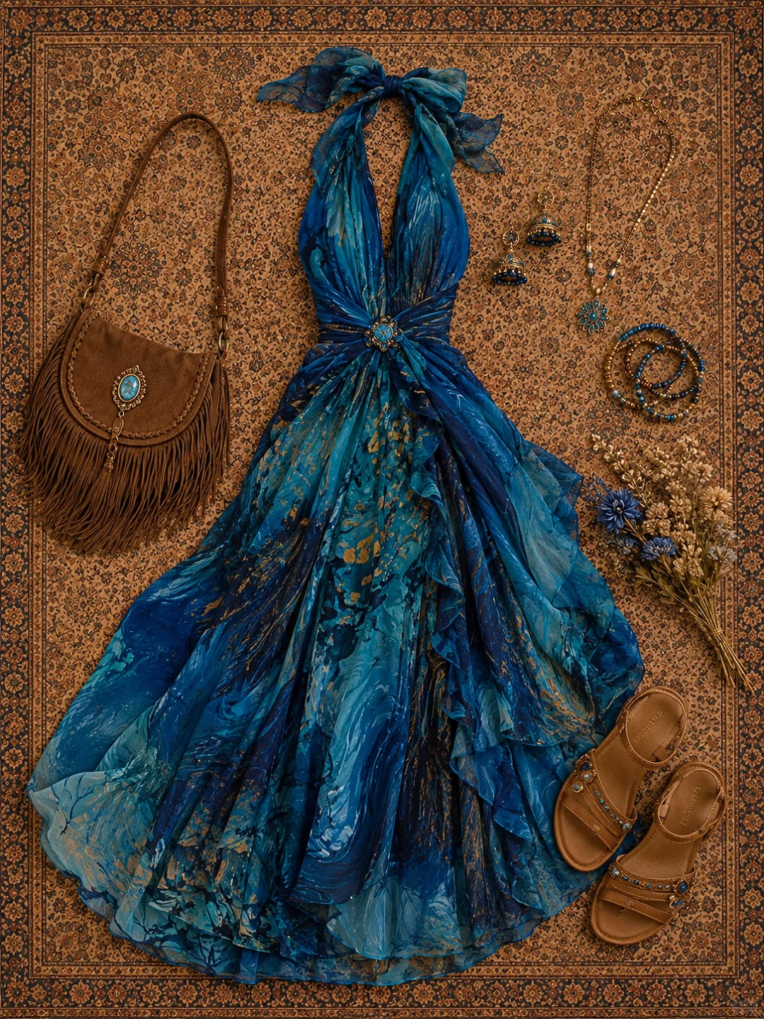 ✨Girlhomeshops-Halter Deep V Blue Gold Print Chiffon Dress with Gem Waist Detail and Ruffle Skirt gh10297