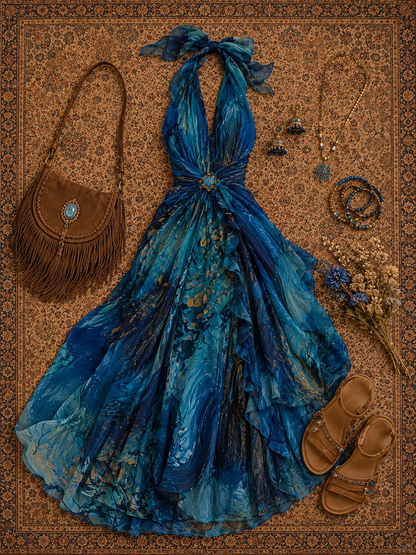 ✨Girlhomeshops-Halter Deep V Blue Gold Print Chiffon Dress with Gem Waist Detail and Ruffle Skirt gh10297