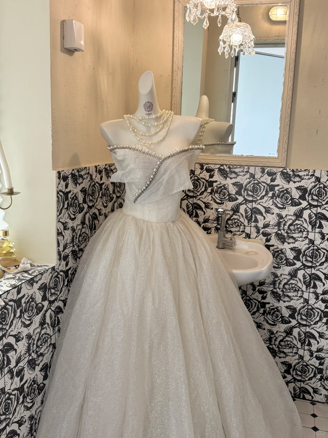 Ivory Strapless Beaded Neckline Design Waist-Cinched Voluminous Skirt Romantic Dress, Wedding Gown gh7693