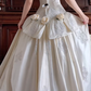 Cream Vintage Satin Ball Gown, Sweetheart Off‑The‑Shoulder Puff Short Sleeves, Lace Appliqué Beaded Bodice, Lace Waistband, Voluminous Pleated Skirt, Wedding Prom Dress gh8633