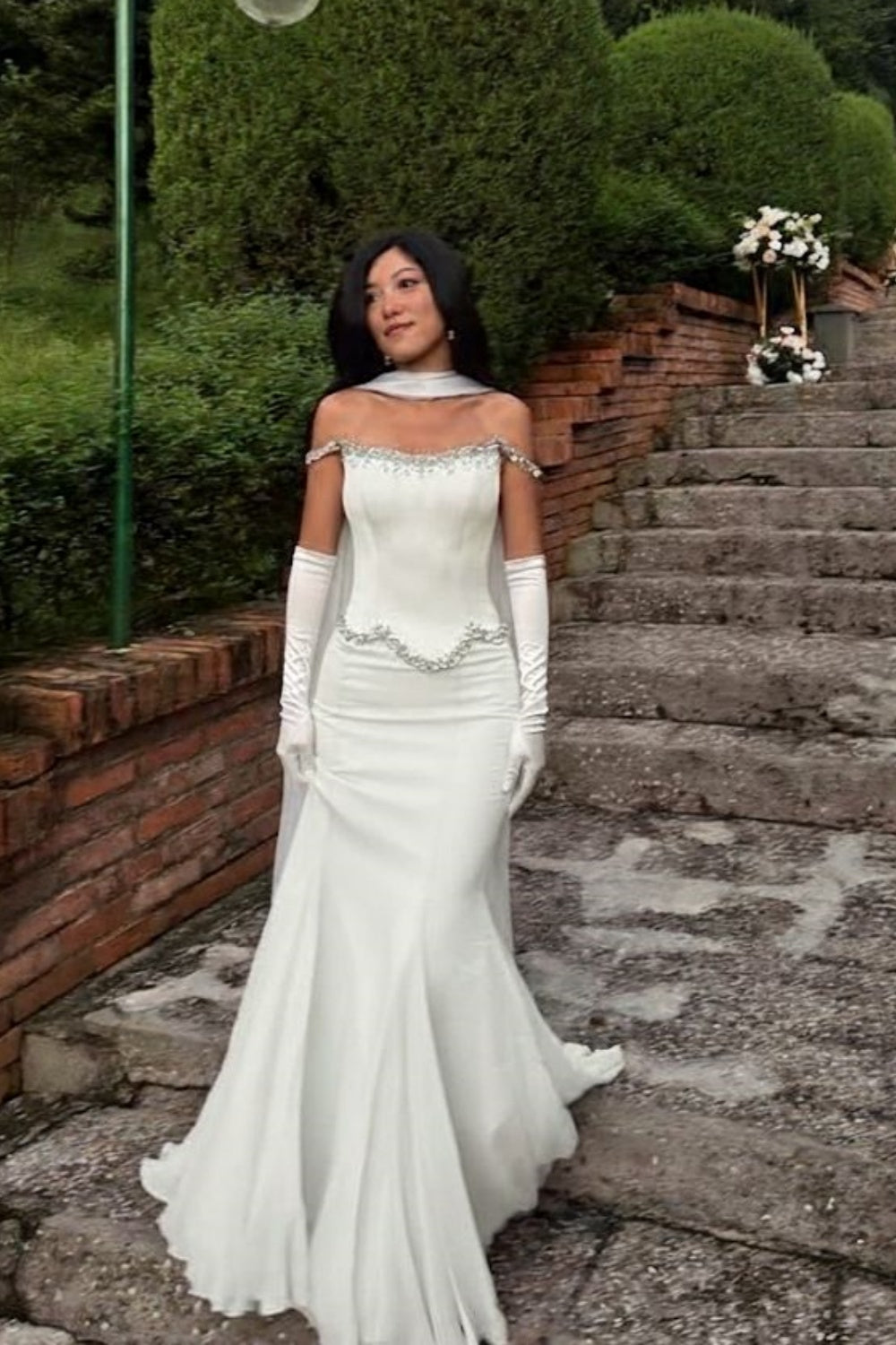 Robe sirène blanche élégante | Robe à épaules dénudées ornée de strass, tenue de soirée chic pour une réunion entre amies gh6454