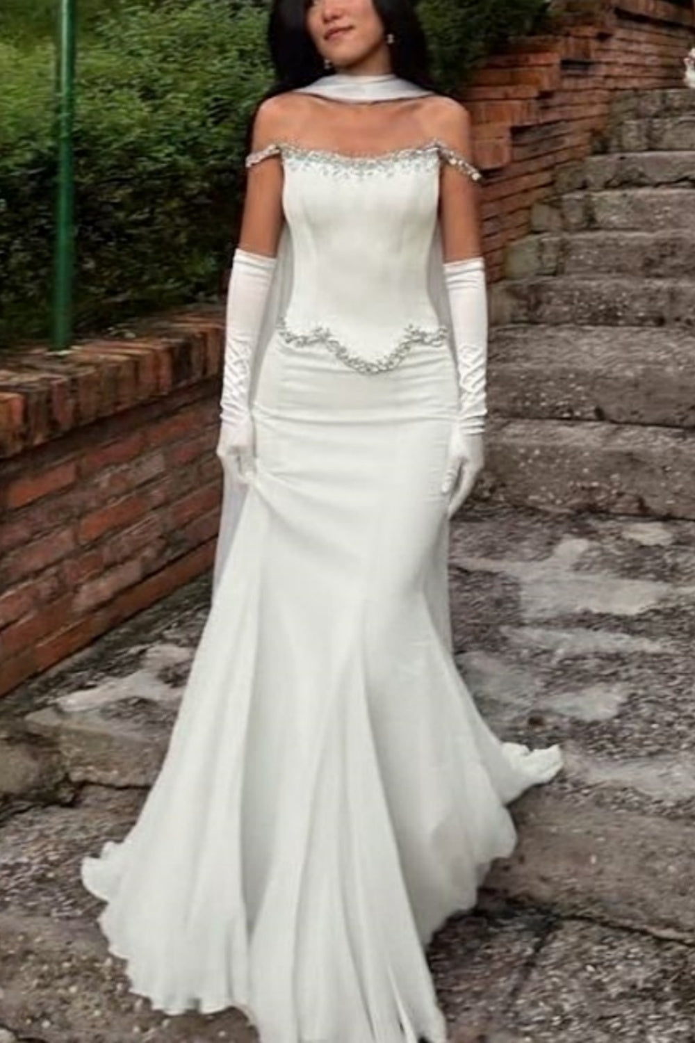 Robe sirène blanche élégante | Robe à épaules dénudées ornée de strass, tenue de soirée chic pour une réunion entre amies gh6454