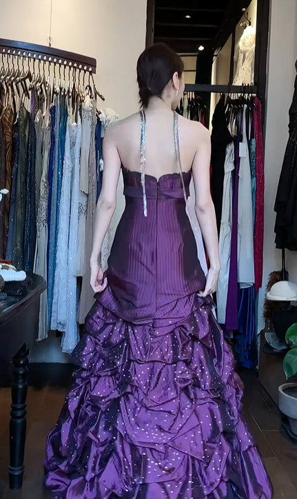 Dark Purple Strapless Sweetheart Tiered Ruffle Sparkly Long Evening Prom Dress gh9757