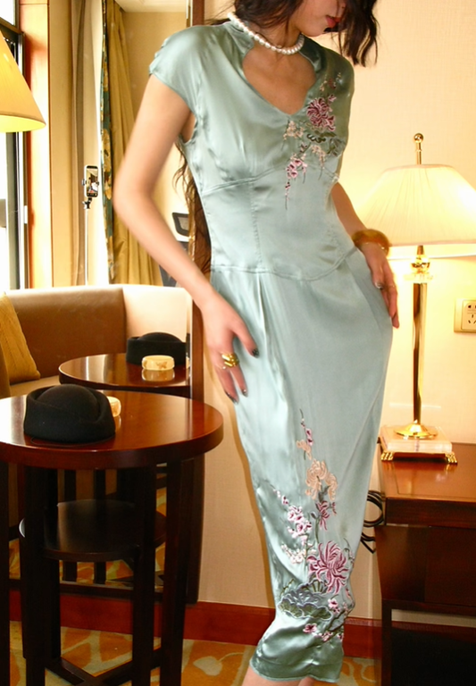Light Green Vintage Satin Fitted Waist Slim Bodycon Sexy Long Prom & Evening Party Dress gh8387