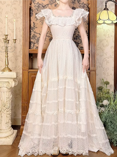 Off‑White Ruffle Neckline Fitted Waist Full Flared Skirt Vintage Lace Elegant Prom Gown, Wedding Dress gh8597